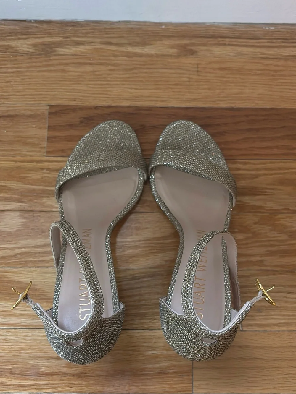 Stuart Weitzman Gold Glitter Strappy Block Heel Sandals
